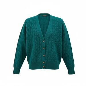 Vintage Green Wool Ribbed Cable Knit Womens Large Cardigan Sweater Preppy
